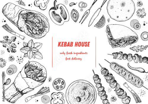 Doner kebab and ingredients for kebab, sketch illustration. Arabic cuisine frame. Fast food menu design elements. Shawarma hand drawn frame. Middle eastern food.