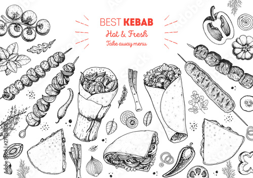 Doner kebab and ingredients for kebab, sketch illustration. Arabic cuisine frame. Fast food menu design elements. Shawarma hand drawn frame. Middle eastern food.