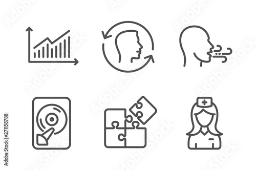 Breathing exercise, Puzzle and Hdd icons simple set. Face id, Graph and Hospital nurse signs. Breath, Engineering strategy. Science set. Line breathing exercise icon. Editable stroke. Vector