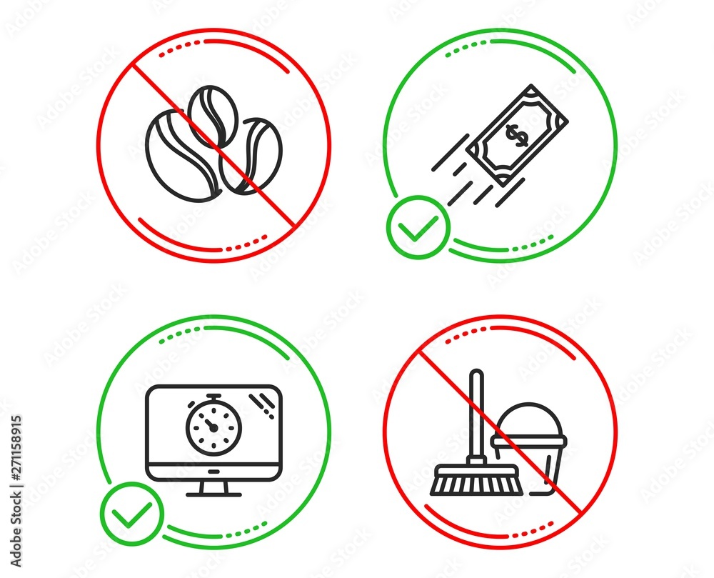 Do or Stop. Seo timer, Coffee-berry beans and Fast payment icons simple set. Bucket with mop sign. Analytics, Coffee beans, Finance transfer. Cleaner equipment. Line seo timer do icon. Vector