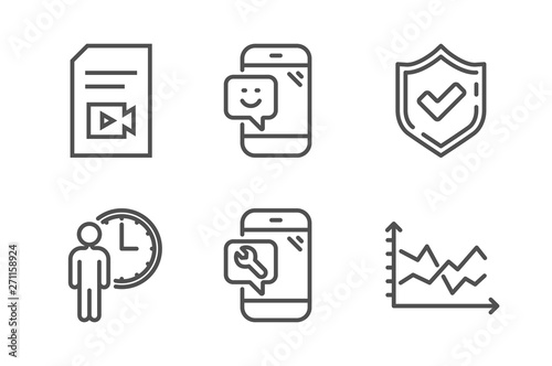 Phone repair, Waiting and Confirmed icons simple set. Video file, Smile and Diagram chart signs. Spanner service, Service time. Technology set. Line phone repair icon. Editable stroke. Vector