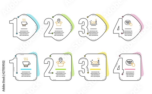 Espresso, Scuba diving and Package location icons simple set. Quick tips sign. Hot drink, Trip swimming, Delivery tracking. Helpful tricks. Infographic timeline. Line espresso icon. 4 options or steps