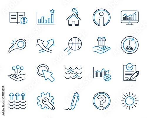 Waves, sun, efficacy line icons. Customisation, Global warming, Question mark icons. Signature Rfp, Information, Efficacy. Waves, Consolidation, Operational excellence. Question mark, whistle. Vector