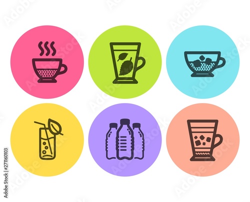Mint leaves  Water bottles and Cold coffee icons simple set. Water glass  Doppio and Frappe signs. Mentha leaf  Aqua drinks. Food and drink set. Flat mint leaves icon. Circle button. Vector