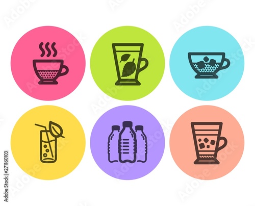 Mint leaves, Water bottles and Cold coffee icons simple set. Water glass, Doppio and Frappe signs. Mentha leaf, Aqua drinks. Food and drink set. Flat mint leaves icon. Circle button. Vector