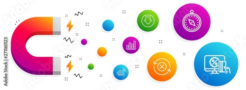 Magnet attracting. Download arrow, Graph chart and Demand curve icons simple set. Reject refresh, Travel compass and Online shopping signs. Crisis, Growth report. Technology set. Vector