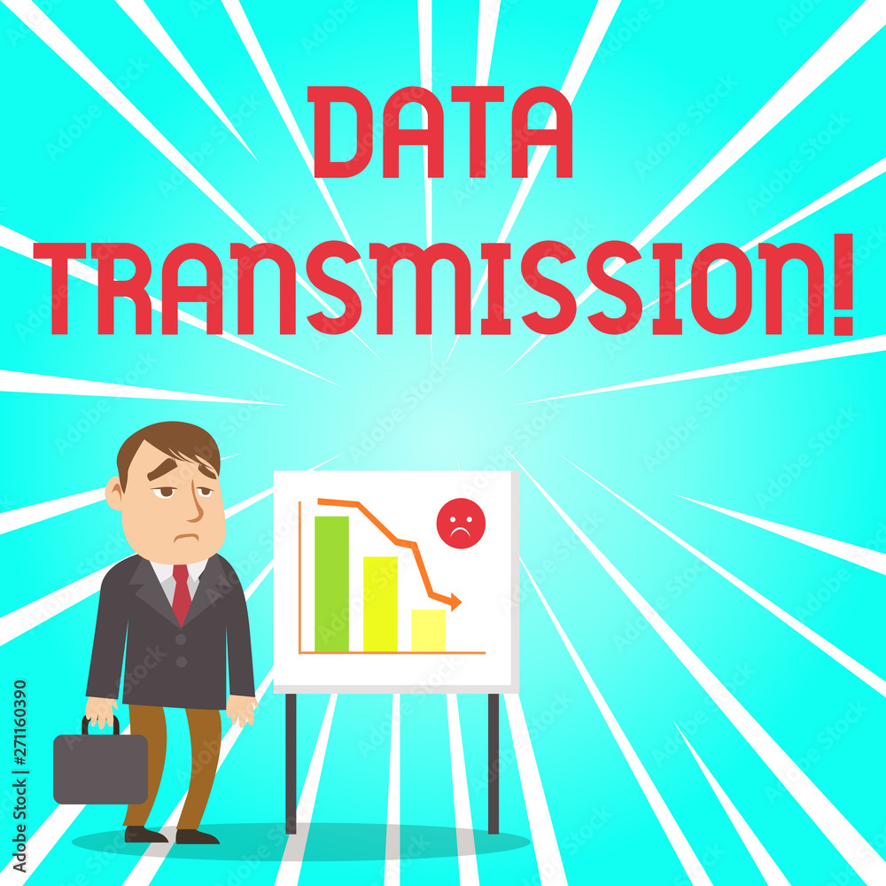 Handwriting text Data Transmission. Conceptual photo sending data electronically over a communications network Businessman Clerk with Brief Case Standing Whiteboard Declining Bar Chart Handwriting text Data Transmission. Conceptual photo sending data electronically over a communications network Businessman Clerk with Brief Case Standing Whiteboard Declining Bar Chart