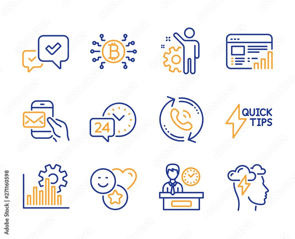 Approve, Quickstart guide and Web report icons simple set. Call center, 24h service and Employee signs. Smile, Seo graph and Bitcoin system symbols. Line approve icon. Colorful set. Editable stroke