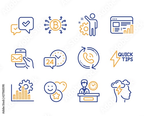 Approve, Quickstart guide and Web report icons simple set. Call center, 24h service and Employee signs. Smile, Seo graph and Bitcoin system symbols. Line approve icon. Colorful set. Editable stroke