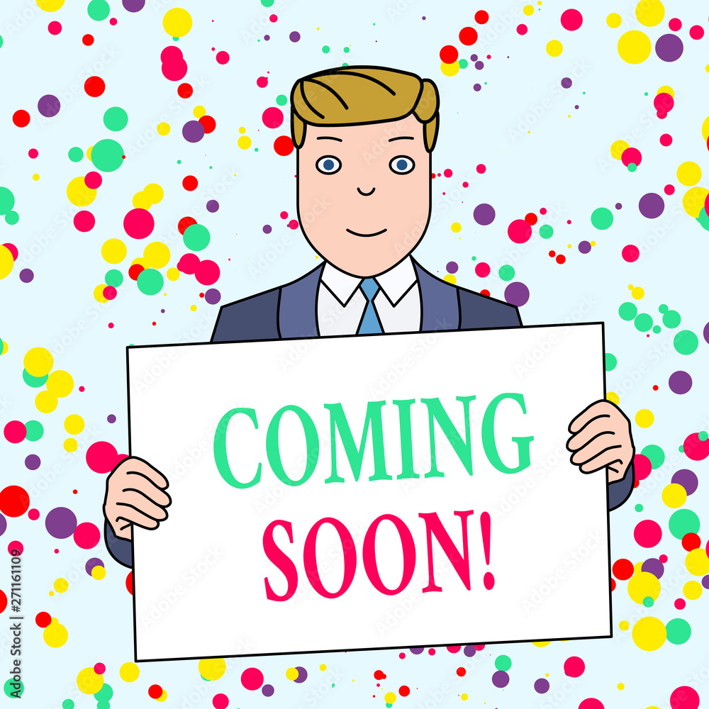 Text sign showing Coming Soon. Business photo showcasing event or action that will happen after really short time Smiling Man Holding Formal Suit Big Blank Poster Board in Front of Himself Text sign showing Coming Soon. Business photo showcasing event or action that will happen after really short time Smiling Man Holding Formal Suit Big Blank Poster Board in Front of Himself