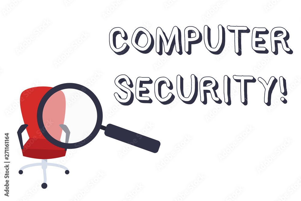 Conceptual hand writing showing Computer Security. Concept meaning  protection of computer systems from theft or damage Magnifying Glass  Directed at Red Swivel Chair with Arm Rests Stock Illustration