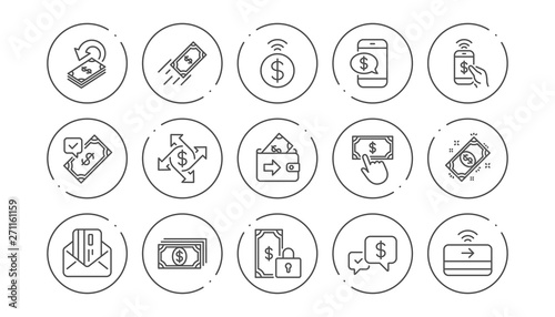 Money payment line icons. Accept transfer, Pay by Phone and Credit card. Cash linear icon set. Line buttons with icon. Editable stroke. Vector