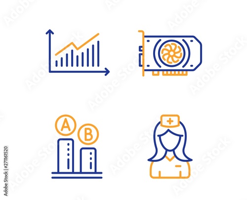 Ab testing, Graph and Gpu icons simple set. Hospital nurse sign. Test chart, Presentation diagram, Graphic card. Medical assistant. Science set. Linear ab testing icon. Colorful design set. Vector