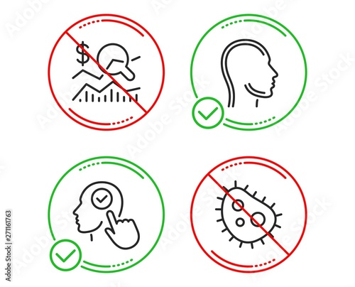 Do or Stop. Select user, Head and Check investment icons simple set. Bacteria sign. Head with checkbox, Human profile, Business report. Antibacterial. Science set. Line select user do icon. Vector