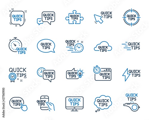 Quick tips line icons. Set of Helpful tricks, Solution and Quickstart guide linear icons. Tutorial, helpful tips and turning tricks. Hand hold smartphone, Quick chat, tutorial, whistle signs. Vector