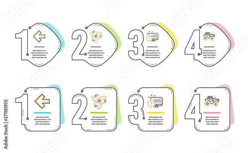 Wind energy, Left arrow and Online quiz icons simple set. Tractor sign. Ventilator, Direction arrow, Web support. Farm transport. Technology set. Infographic timeline. Line wind energy icon. Vector