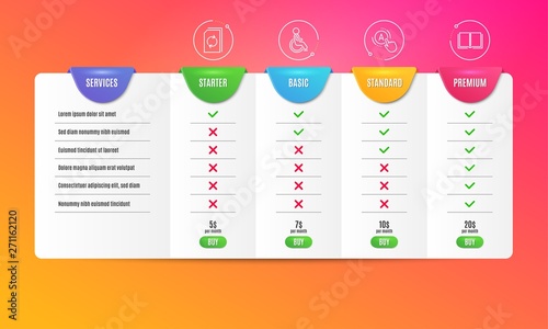 Disabled, Update document and Ab testing icons simple set. Comparison table. Book sign. Handicapped wheelchair, Refresh file, A test. E-learning course. Technology set. Pricing plan. Vector