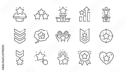 Ranking line icons. First place, star rating and winner medal. Shoulder strap, army achievement and star ranking icons. Linear set. Vector