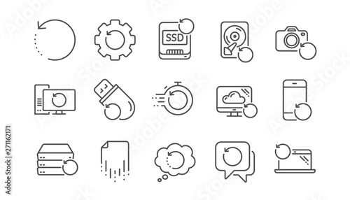 Recovery line icons. Backup, Restore data and recover file. Laptop renew, drive repair and phone recovery icons. Linear set. Vector