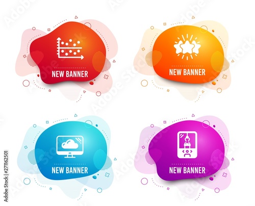 Liquid badges. Set of Cloud storage, Dot plot and Star icons. Crane claw machine sign. Computer, Presentation graph, Customer feedback. Attraction park.  Gradient cloud storage icon. Vector