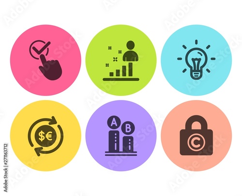 Ab testing, Money currency and Stats icons simple set. Checkbox, Idea and Copyright locker signs. Test chart, Cash change. Flat ab testing icon. Circle button. Vector