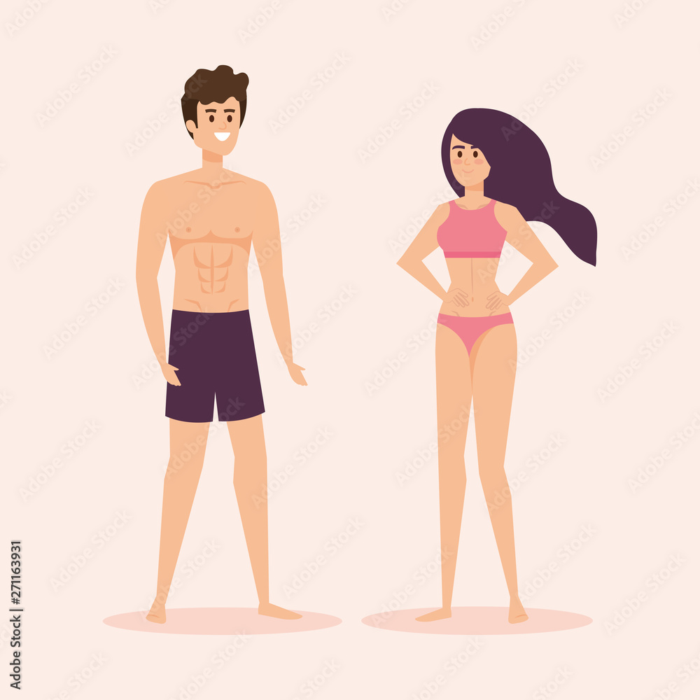woman and man with swimsuit and bathing shorts woman and man with swimsuit and bathing shorts