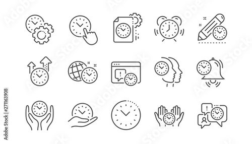 Time management line icons. Alarm clock, timer plan and project deadline signs. Countdown clock and appointment reminder icons. Linear set. Vector