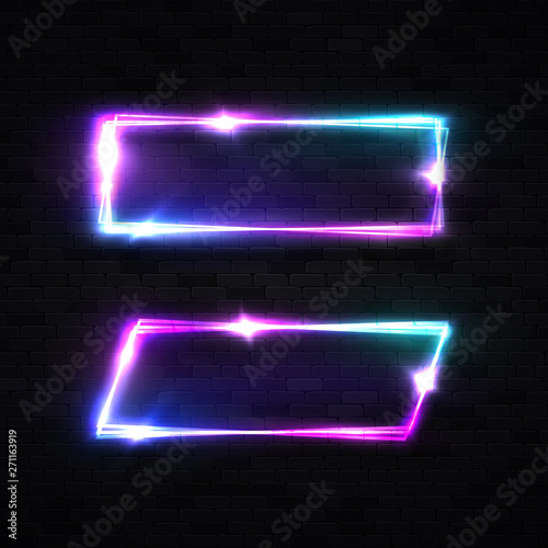 Two glowing electric wiring borders with light flash stars sparkles on black brick wall background. Neon rectangle signs with blank space for text. 1980s advertising element design vector illustration