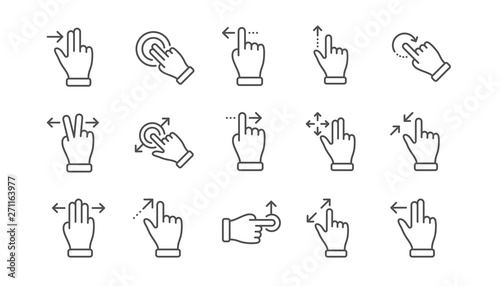 Touchscreen gesture line icons. Hand swipe, Slide gesture, Multitasking icons. Touchscreen technology, tap on screen, drag and drop. Linear set. Vector