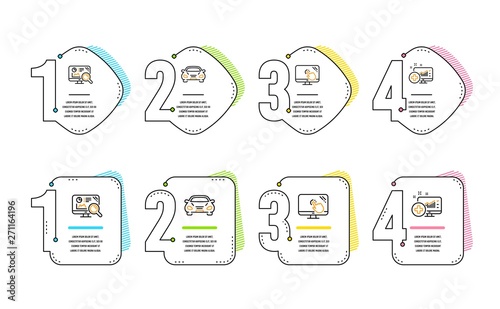 Touch screen, Seo analytics and Car icons simple set. Medical analytics sign. Web support, Statistics, Transport. Medicine system. Technology set. Infographic timeline. Line touch screen icon. Vector