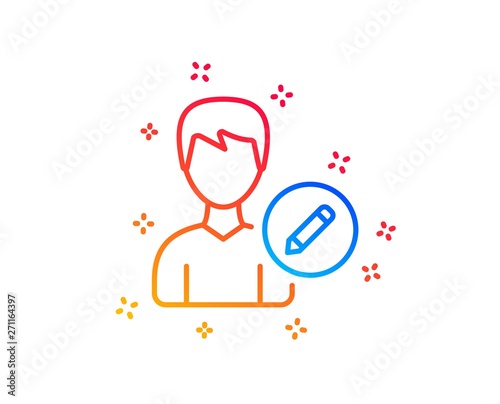 Edit User line icon. Profile Avatar with pencil sign. Male Person silhouette symbol. Gradient design elements. Linear edit person icon. Random shapes. Vector