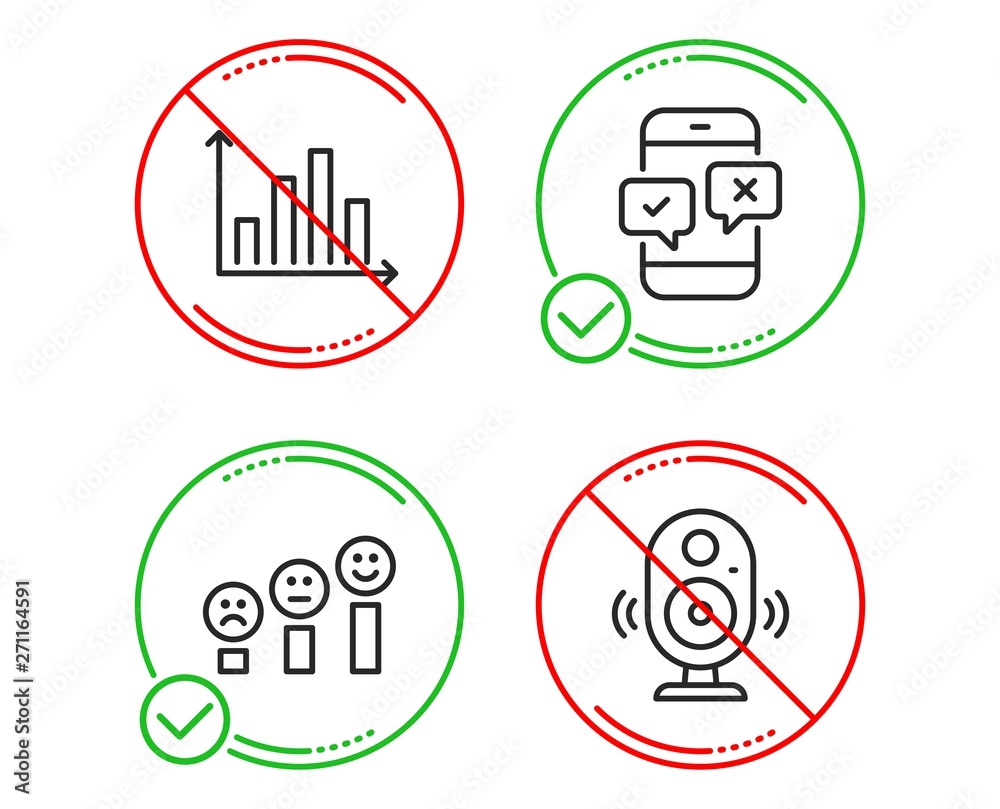 Do or Stop. Customer satisfaction, Diagram graph and Phone survey icons simple set. Speaker sign. Happy smile chart, Presentation chart, Mobile quiz test. Music sound. Technology set. Vector
