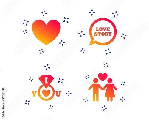 Valentine day love icons. I love you ring symbol. Couple lovers sign. Love story speech bubble. Random dynamic shapes. Gradient love icon. Vector