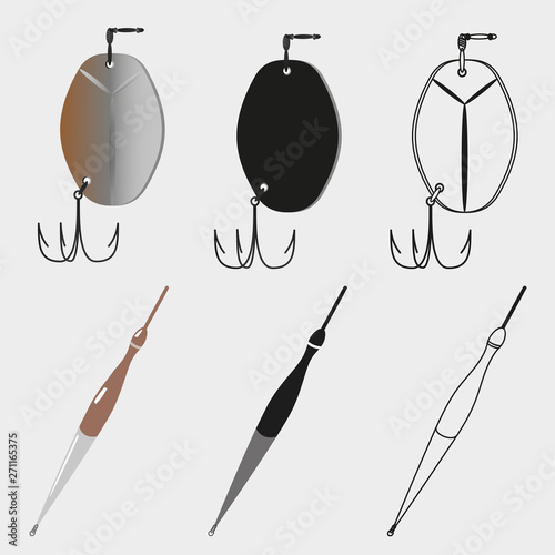 Set of fishing hooks and floats in flat style, silhouette and outline on white background. Simple template for developing logo for fishing club, market, postcards, posters, textiles.