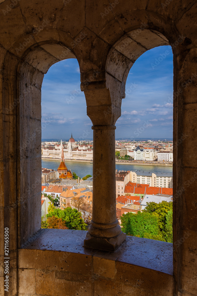 Beautiful view of Budapest historic center with the famous Hungarian Parliament and Danube River from Fisherman's Bastion Towers