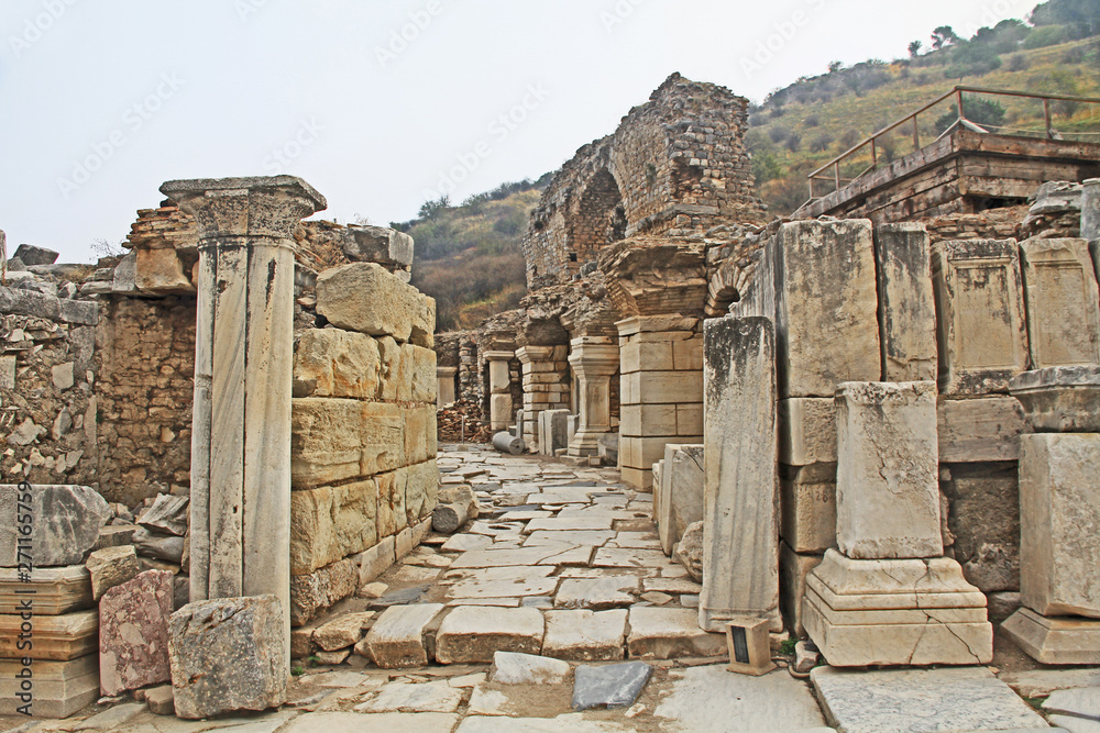 Side Street along the Curetes Road in the ancient city ruins of Ephesus, Turkey near Selcuk.