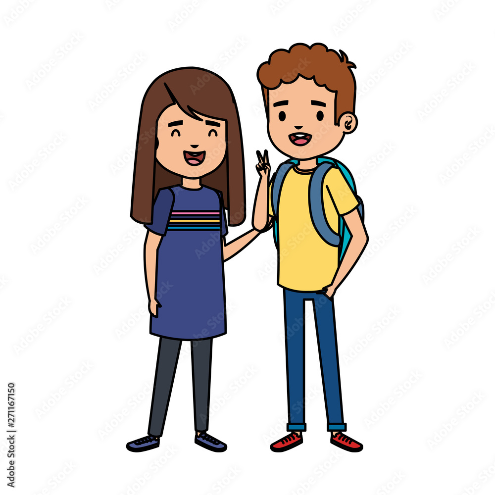 cute little kids couple with school bag characters cute little kids couple with school bag characters