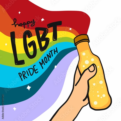 Happy LGBT Pride month, Rainbow hand with beer celebration vector illustration