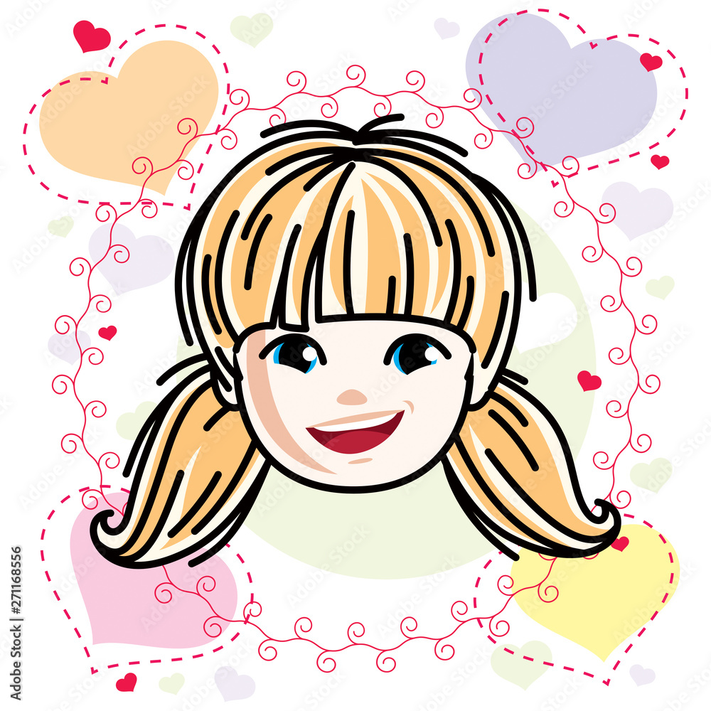 Obraz premium Caucasian type girl face expressing positive emotions, vector human head illustration. Beautiful blonde child with stylish haircut.