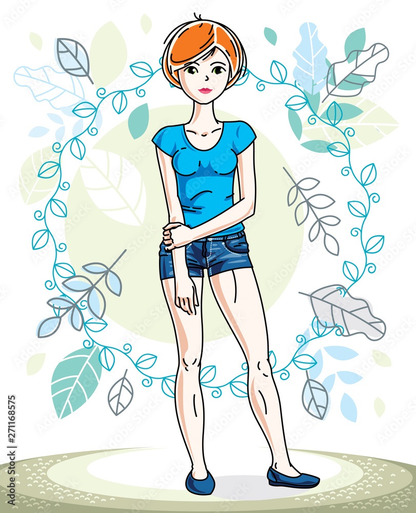 Attractive young red-haired woman posing on background of spring landscape and wearing different casual clothes. Vector nice lady illustration. Springtime theme clipart. Attractive young red-haired woman posing on background of spring landscape and wearing different casual clothes. Vector nice lady illustration. Springtime theme clipart.