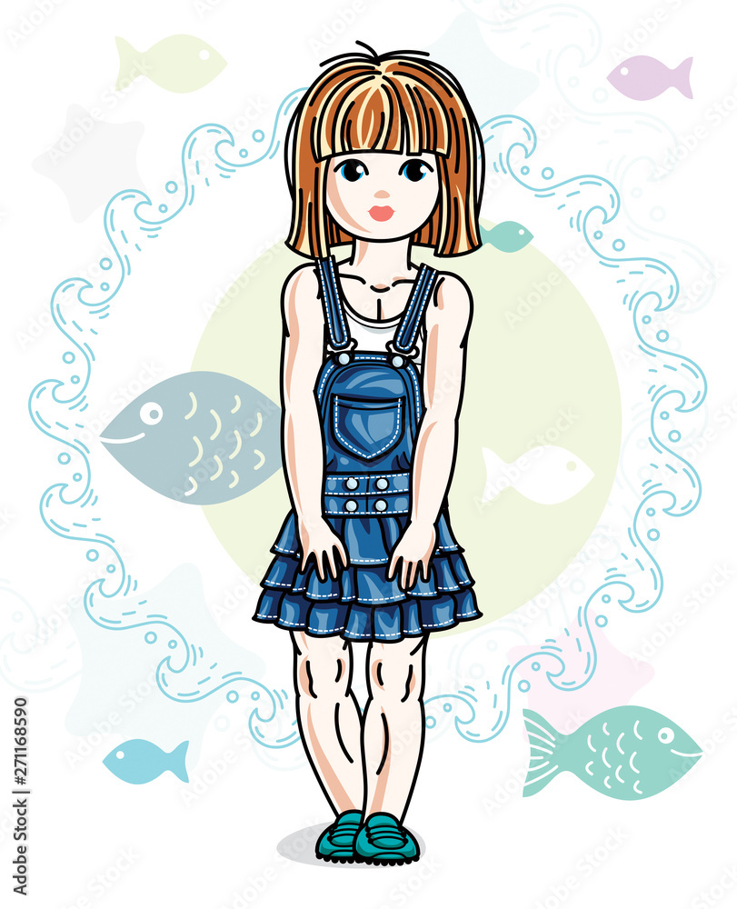 Happy little red-haired girl posing on marine background with fishes and wearing fashionable casual clothes. Vector character. Happy little red-haired girl posing on marine background with fishes and wearing fashionable casual clothes. Vector character.
