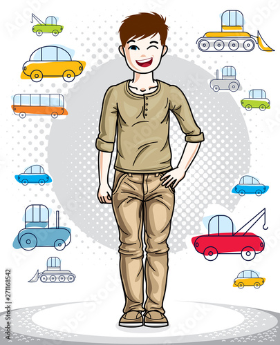 Young teen boy cute nice standing wearing fashionable casual clothes. Vector pretty nice human illustration. Fashion and lifestyle theme cartoon.