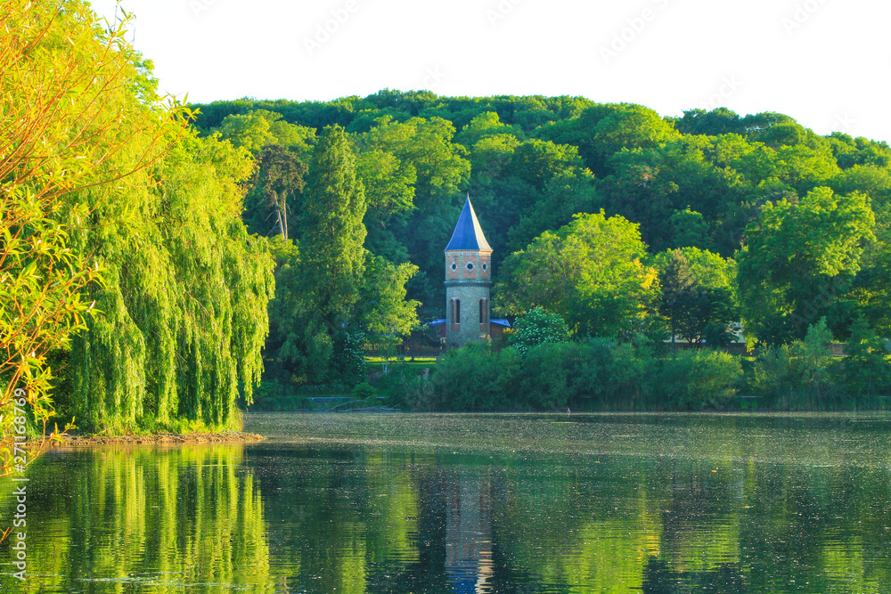 View on landscape with green vegetations. Weeping willow in reflection in the water. Pigeon loft in tower bell in the forest