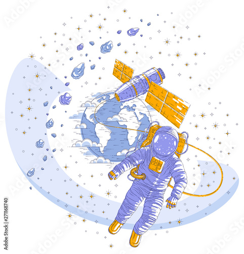 Astronaut flying in open space connected to space station and earth planet in background, spaceman in spacesuit floating in weightlessness and iss spacecraft, asteroids and stars. Vector isolated.