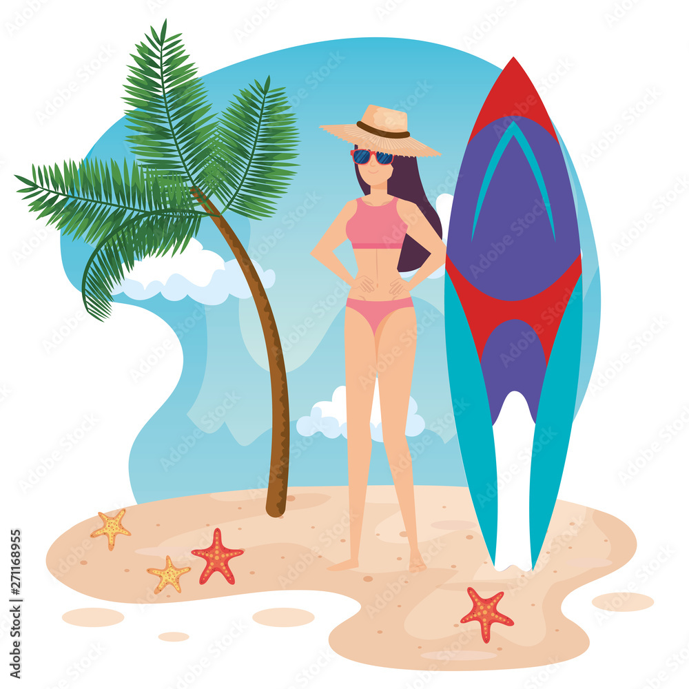 woman wearing swimsuit with hat and surfboard in the beach