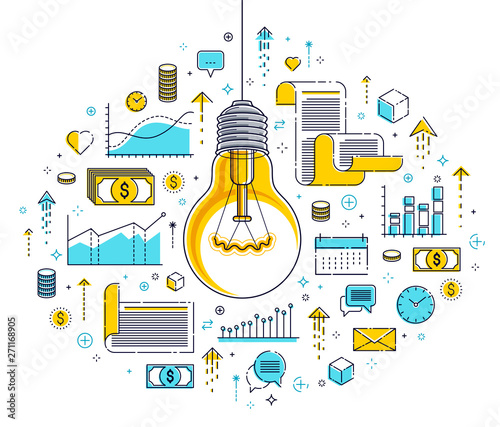 Shining light bulb and set of icons, business idea creative concept, e-commerce allegory, internet business, marketplace or online shop, vector illustration.