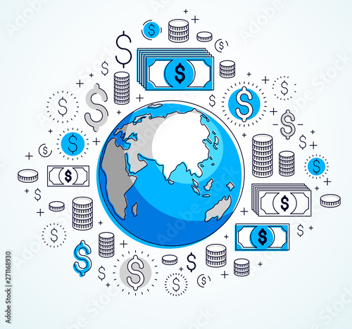 Global business concept, planet earth with dollar icons set, international economy, currency exchange, internet global network connection, vector, elements can be used separately.