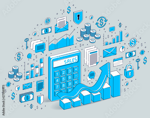 Calculator with earnings growth chart isolated on white background, sales concept. Isometric 3d vector finance illustration with icons, stats charts and design elements.