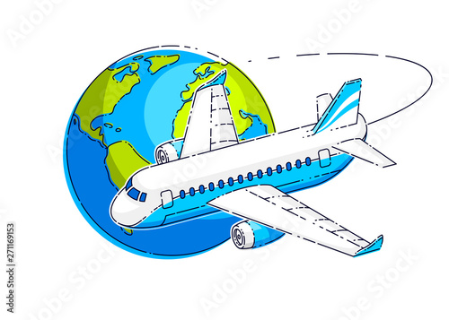 Airlines air travel emblem or illustration with plane airliner and planet earth. Beautiful thin line vector isolated over white background.