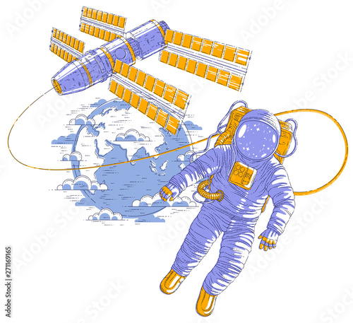 Astronaut flying in open space connected to space station and earth planet in background, spaceman in spacesuit floating in weightlessness and iss spacecraft with solar panels behind him. Vector.